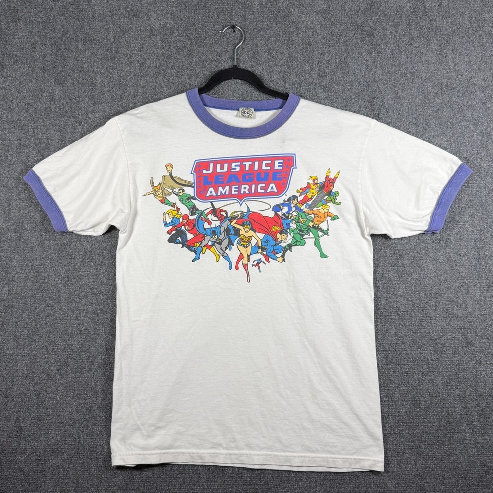 Vintage DC Comics Graphic Justice League Ringer Short Sleeve T-shirt Size Large